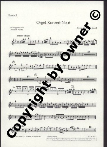 Book Partitions classique SCHOTT HAENDEL G. F. - ORGELKONZERT OP. 4/6, HWV 294 - FLUTE 2 Parties séparées free
