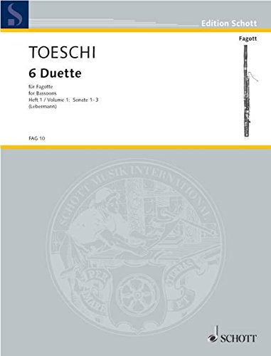 Book SCHOTT TOESCHI CARL JOSEPH - SIX DUETS VOL. 1 - 2 BASSOONS Partition classique Bois Basson free