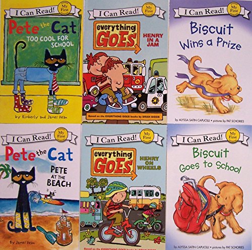 Book Pete the Cat Too Cool for School, Pete at the Beach, Biscuit Goes to School, Biscuit Wins a Prize, and Everything Goes Henry on Wheels and Henry in a Jam I Can Read 6 Book Set free