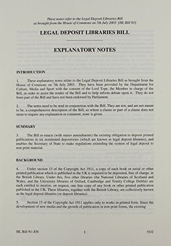 Book Legal Deposit Libraries Bill: Explanatory Notes (house Of Lords Bills) free