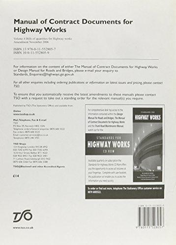 Book Manual Of Contract Documents For Highway Works: Bills Of Quantities For Highway Works: Amendment November 2006 free